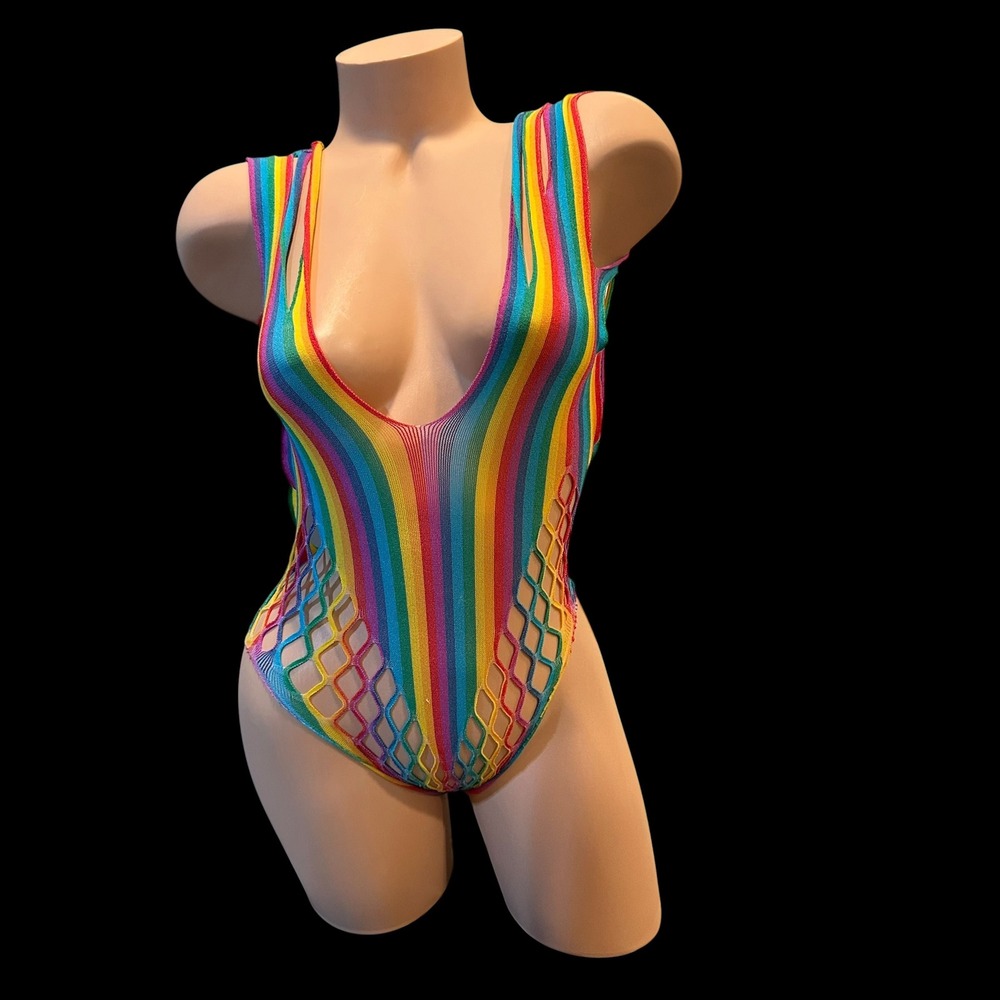 Rainbow Striped Fishnet Plunge Bodysuit High Cut Rave Festival Wear One Size